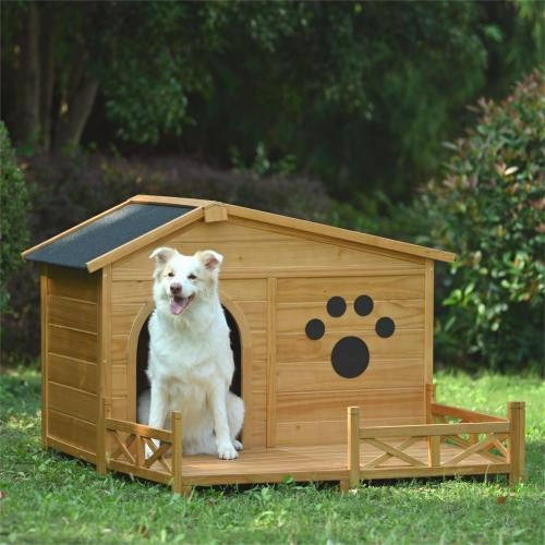 48" Wooden Outdoor Doghouse with Porch Fencing Pets Possessions