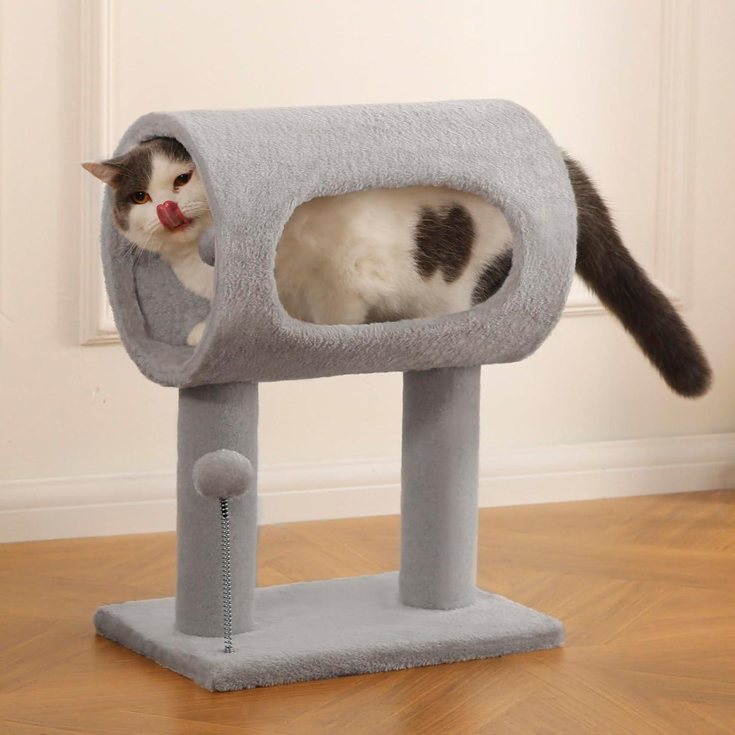 Popular Gray Cat Tree Tunnel Bed with Interactive Spring Toy Pets Possessions