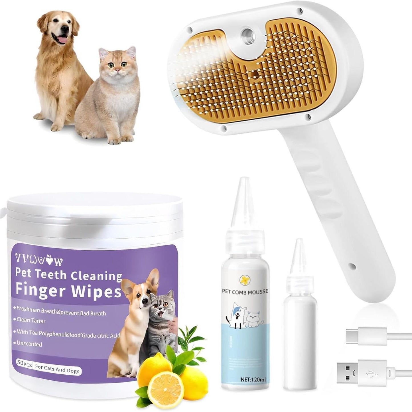 3-in-1 Comb, Spray and Steam Brush with Waterless Shampoo for Cats & Dogs