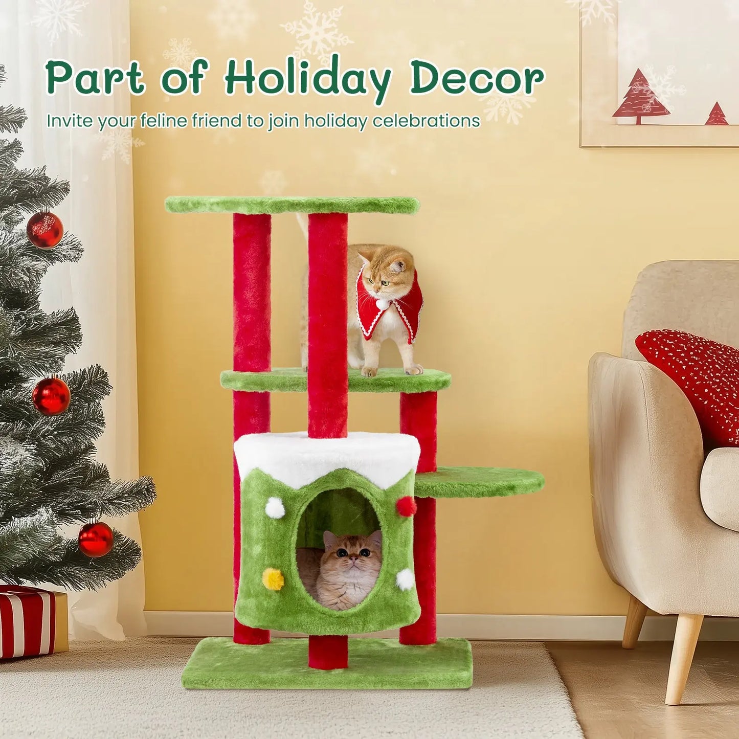 Festive 32” 3-Level Christmas Themed Cat Tower with Climbing Frame Pets Possessions