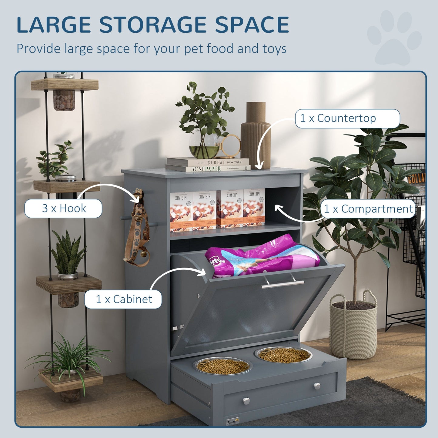 Gray Contemporary Pet Feeder Station with Storage Containers for Cats & Dogs (Must Have) Pets Possessions