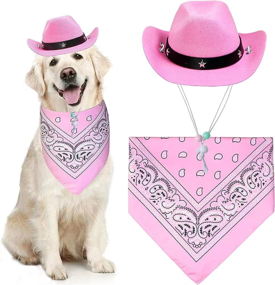 Pink Cowboy Hat and Bandana Set Suitable for Halloween Costumes Universal for Cats & Dogs