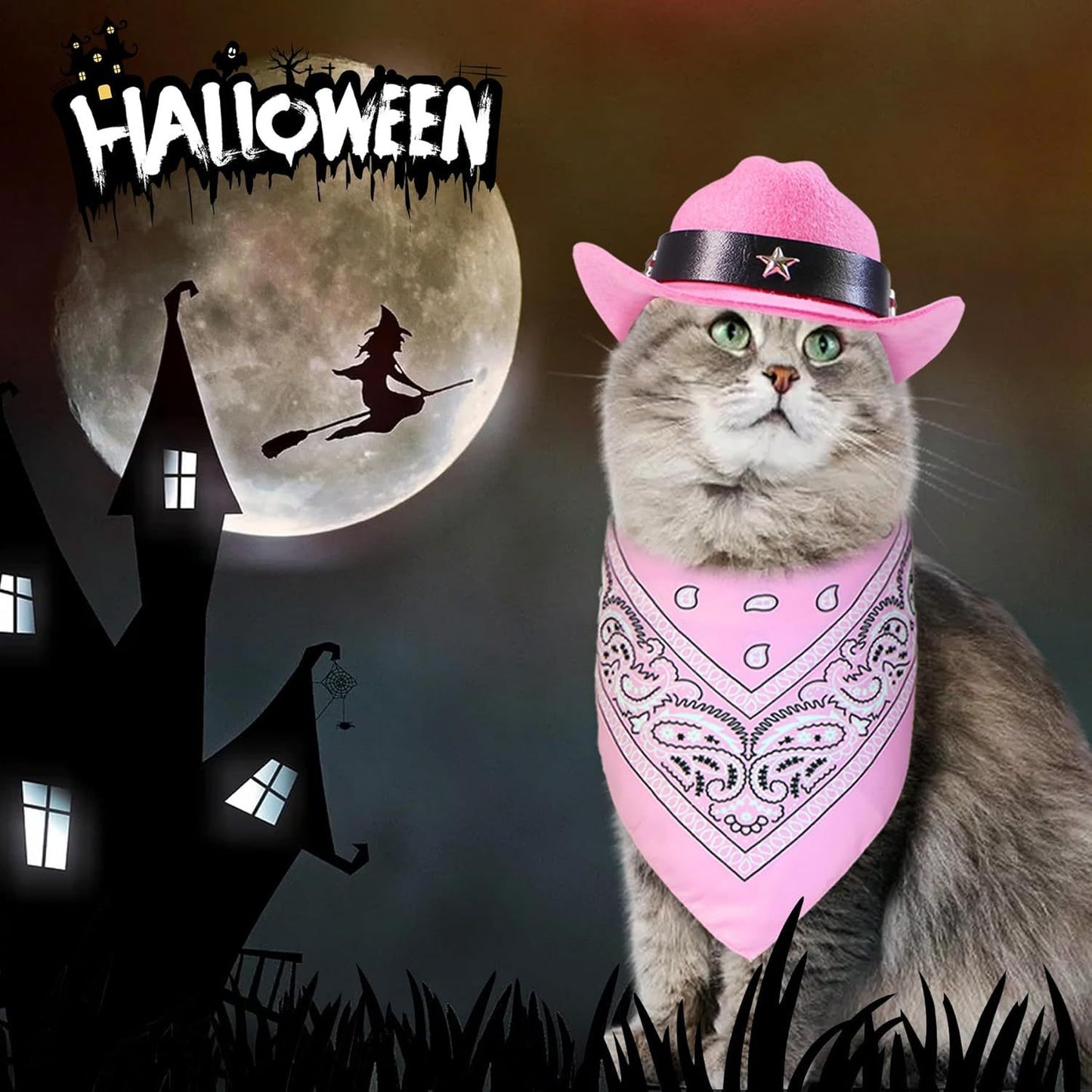 Pink Cowboy Hat and Bandana Set Suitable for Halloween Costumes Universal for Cats & Dogs