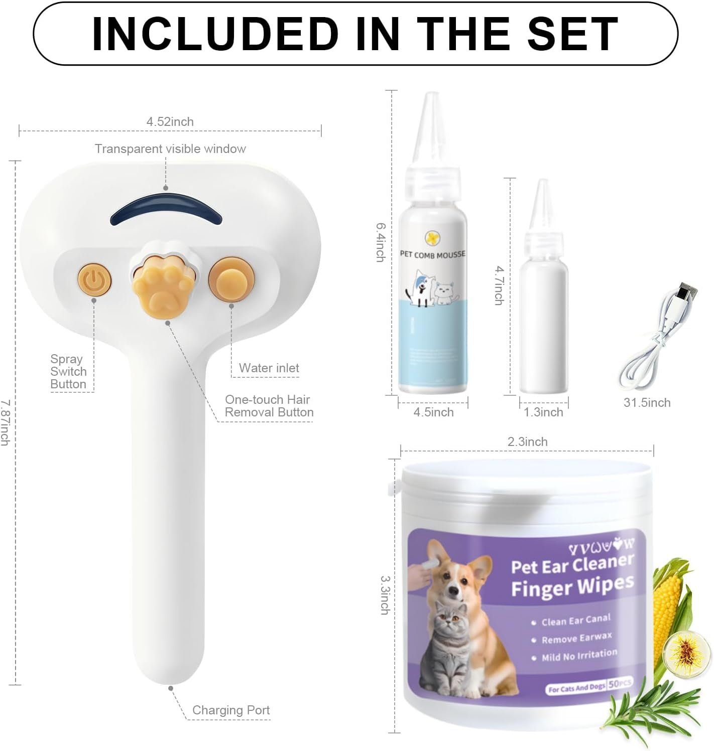 3-in-1 Comb, Spray and Steam Brush with Waterless Shampoo for Cats & Dogs