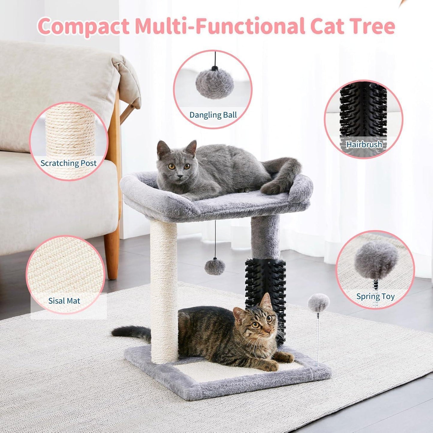 Small 4-in-1 Cat Tree with Self-grooming Brush and Natural Sisal Scratching Post Pets Possessions