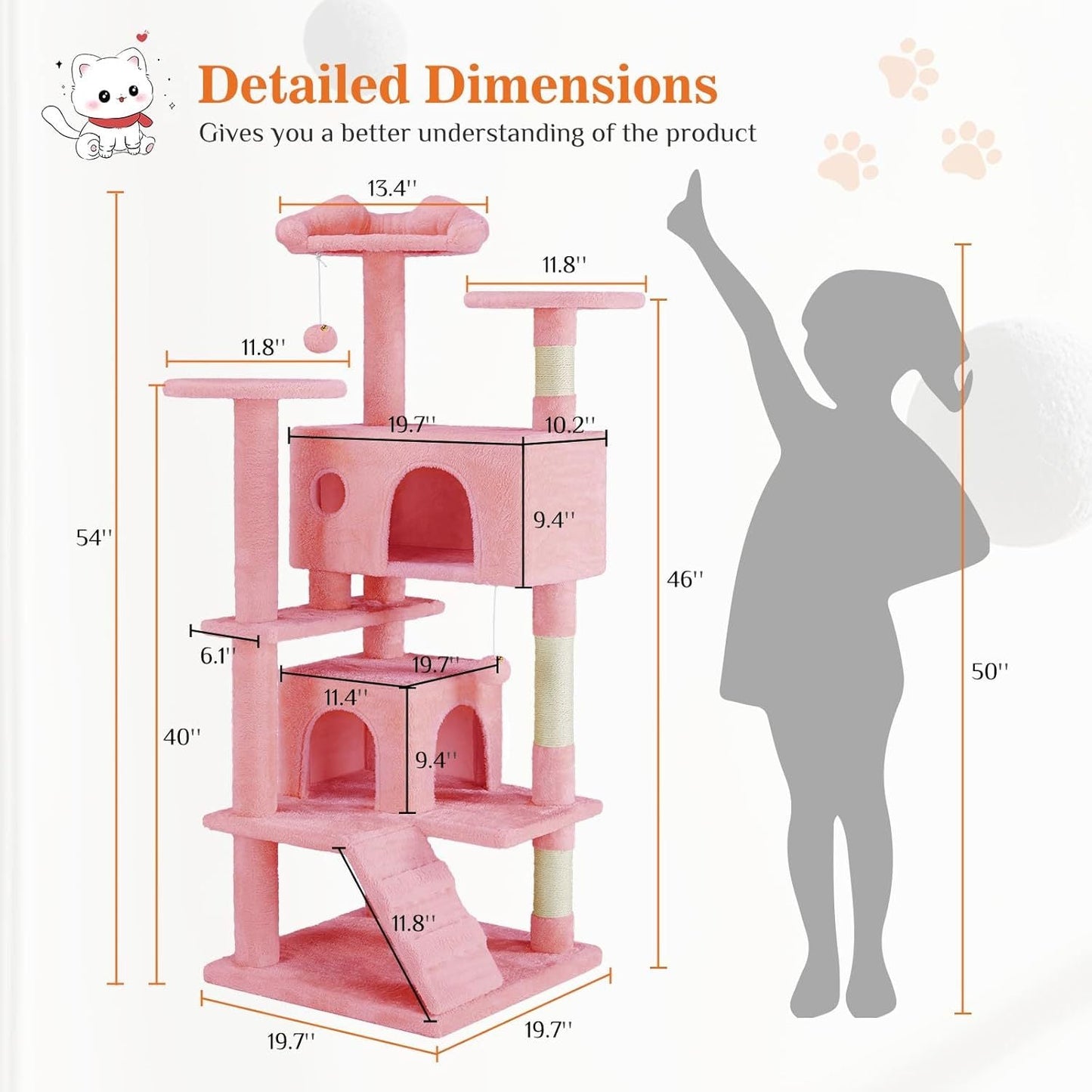 54” Multi-level Cat Tower with Sisal Grab Post Pets Possessions