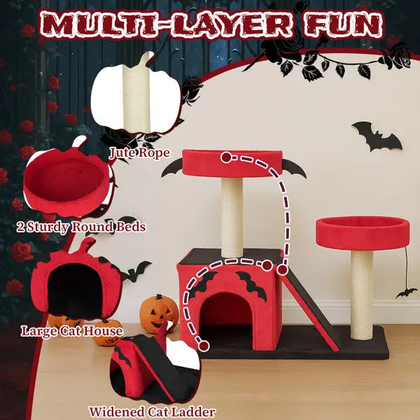 Spooktacular Halloween Themed Cat Tree with Spacious Condo 2 Perches and Spider Toy Pets Possessions