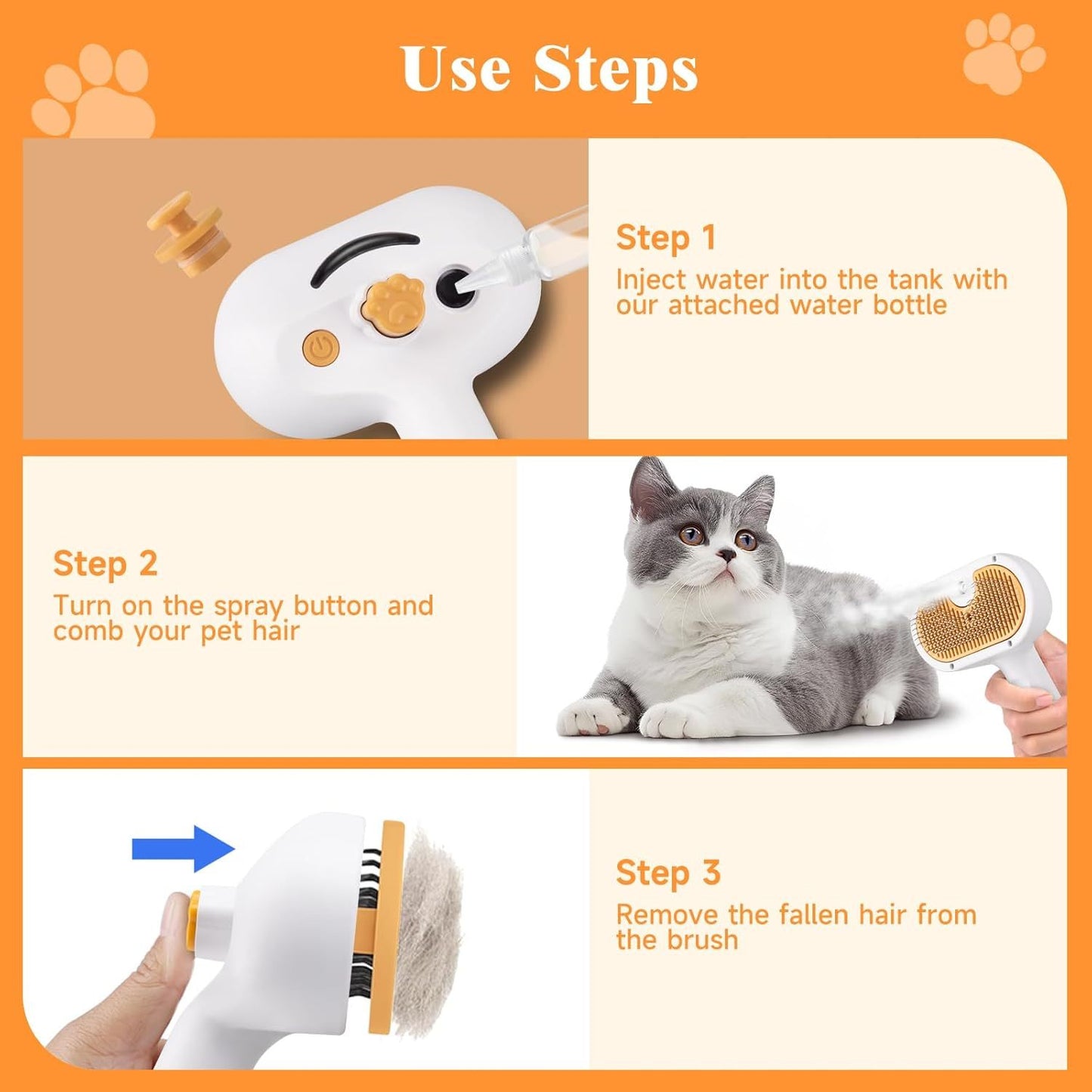 3-in-1 Comb, Spray and Steam Brush with Waterless Shampoo for Cats & Dogs