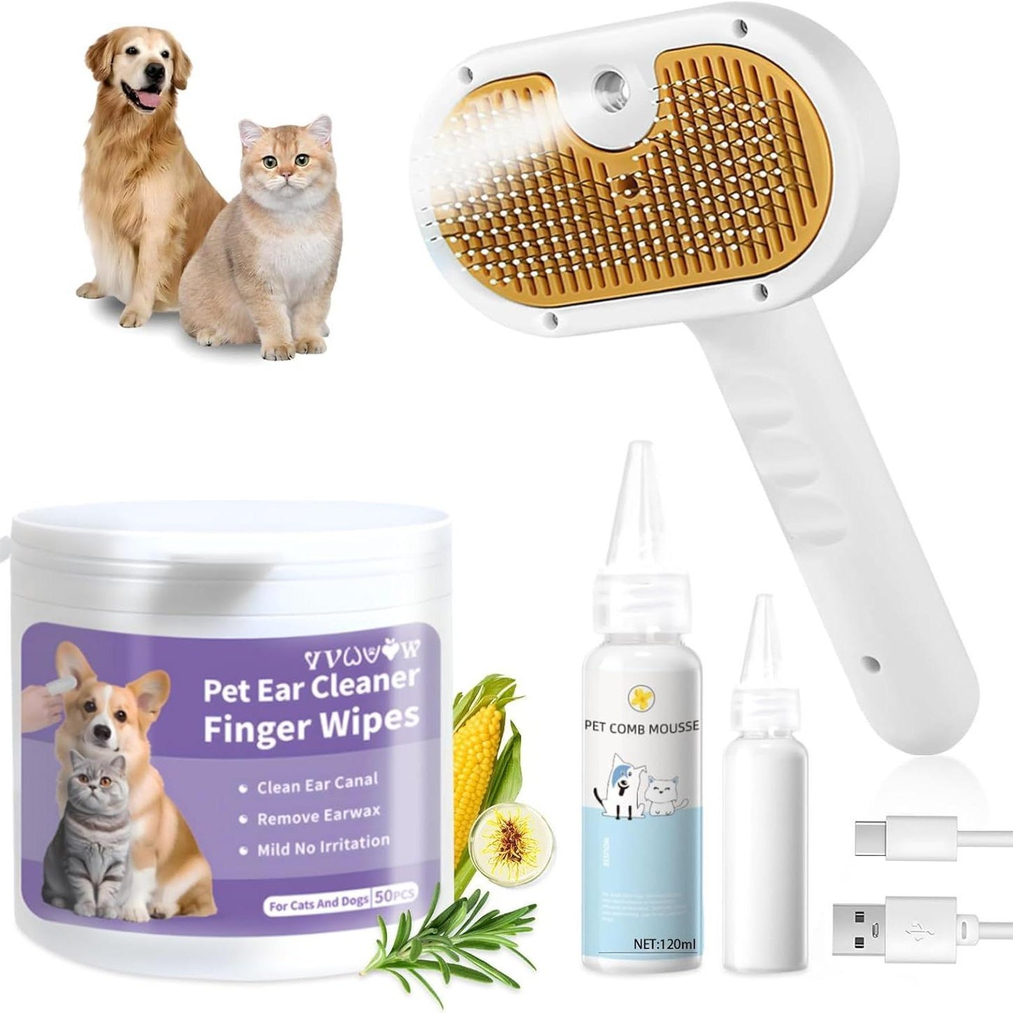 3-in-1 Comb, Spray and Steam Brush with Waterless Shampoo for Cats & Dogs