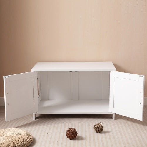 White Wooden Cat Litter Box Furniture with Enclosure Pets Possessions