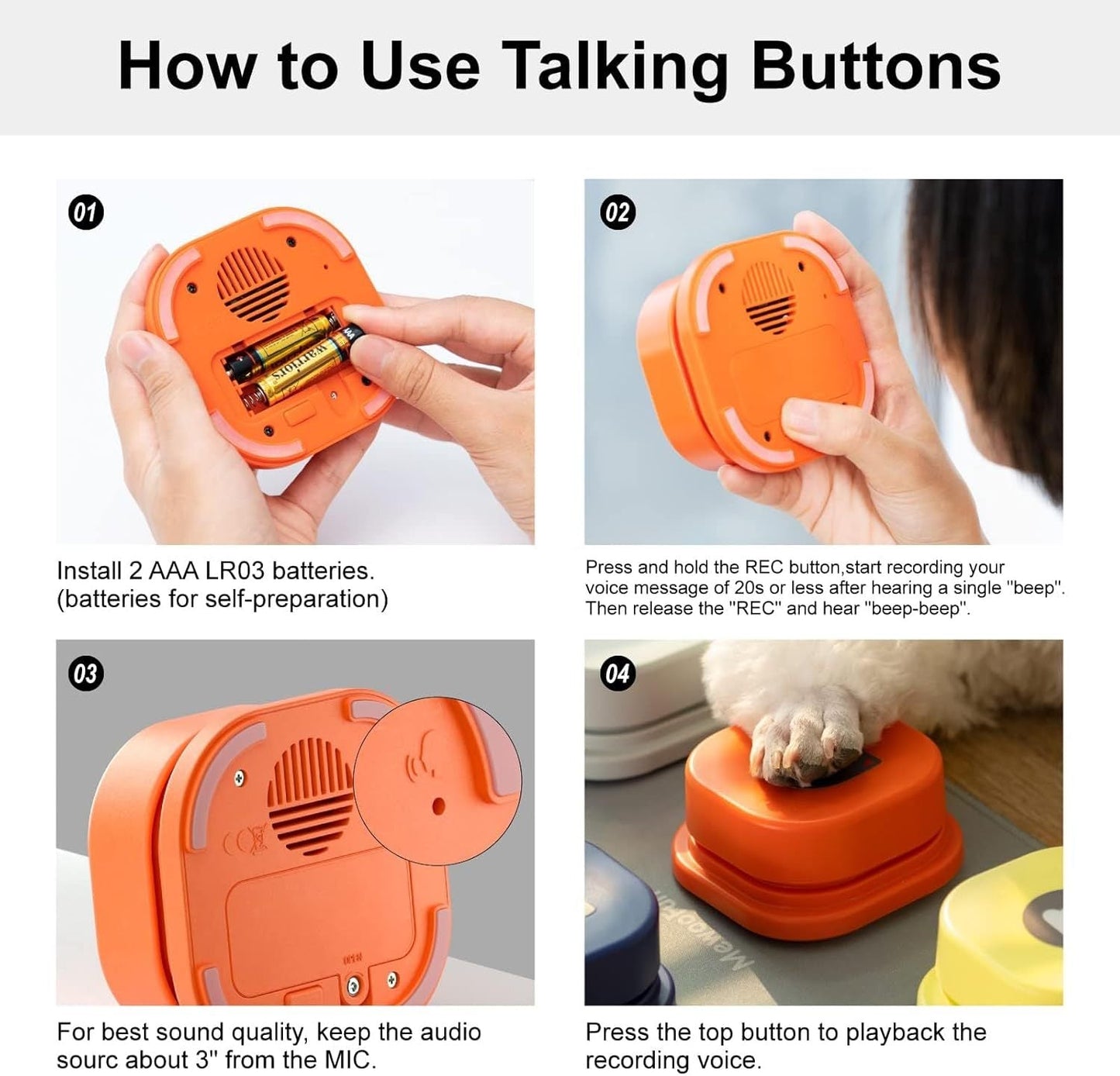 MEWOOFUN Talking Training Button Set - 3 Recordable Communication Buttons (IQ Interactive) for Cats & Dogs Pets Possessions