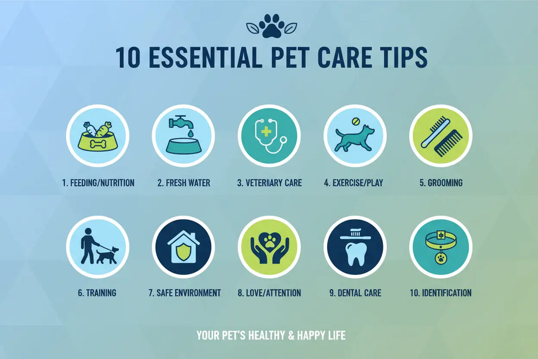  10 pet care tips with icons and visual elements in your blue/green brand colors. 