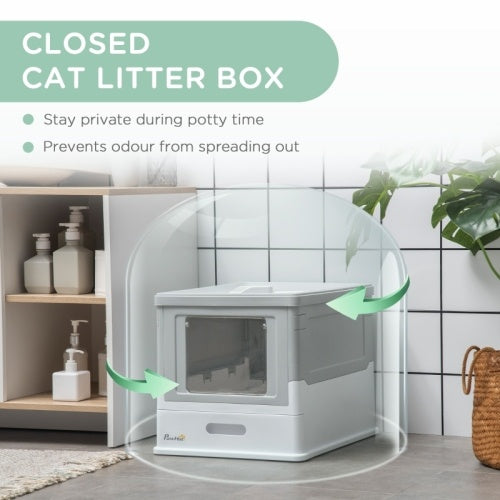 Paw Hut Gray Enclosed Cat Litter Box, Front Entry, Top Exit with Scoop Pets Possessions