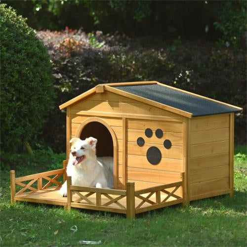 48" Wooden Outdoor Doghouse with Porch Fencing Pets Possessions