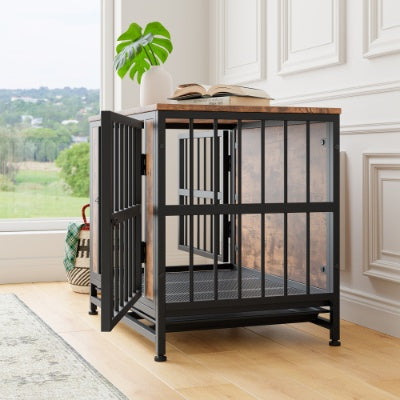 Contemporary Polished Wooden Kennel with Iron Bars for Dogs Pets Possessions