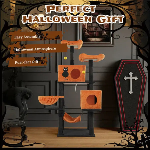 Halloween Themed Multi-Level Cat Tower with Spider Toy Pets Possessions