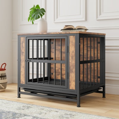 Contemporary Polished Wooden Kennel with Iron Bars for Dogs Pets Possessions