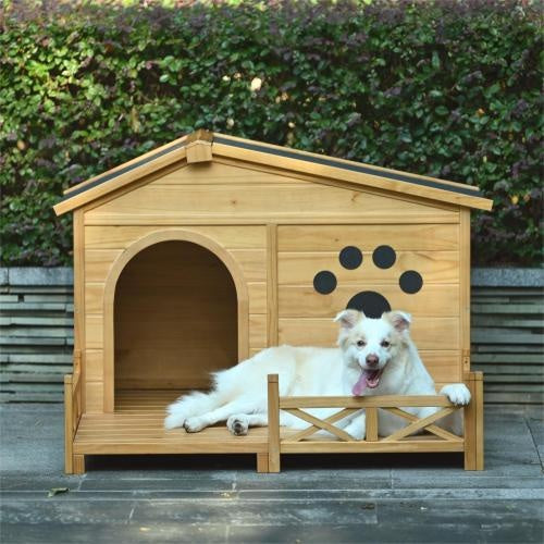 48" Wooden Outdoor Doghouse with Porch Fencing Pets Possessions