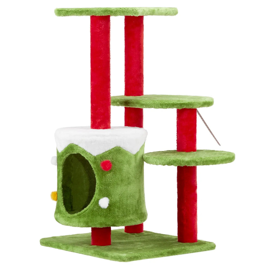 Festive 32” 3-Level Christmas Themed Cat Tower with Climbing Frame Pets Possessions