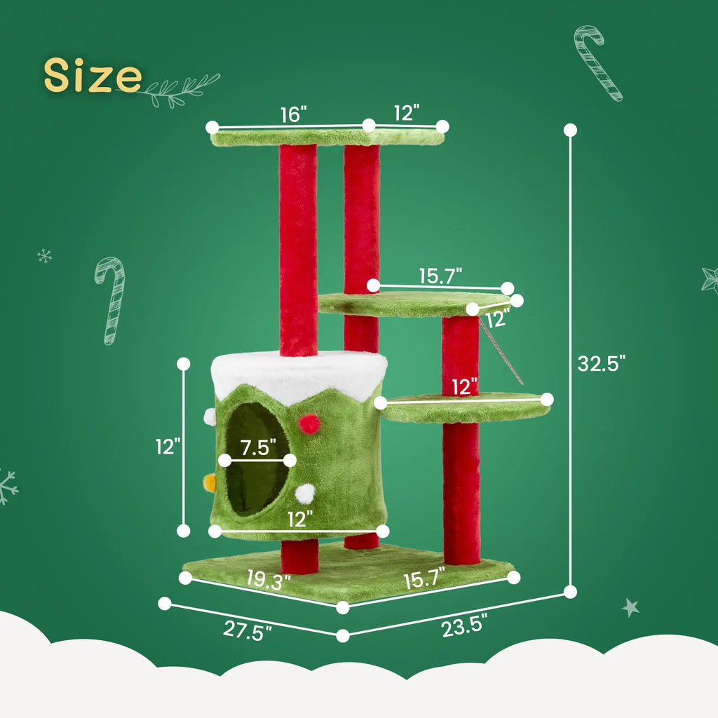 Festive 32” 3-Level Christmas Themed Cat Tower with Climbing Frame Pets Possessions