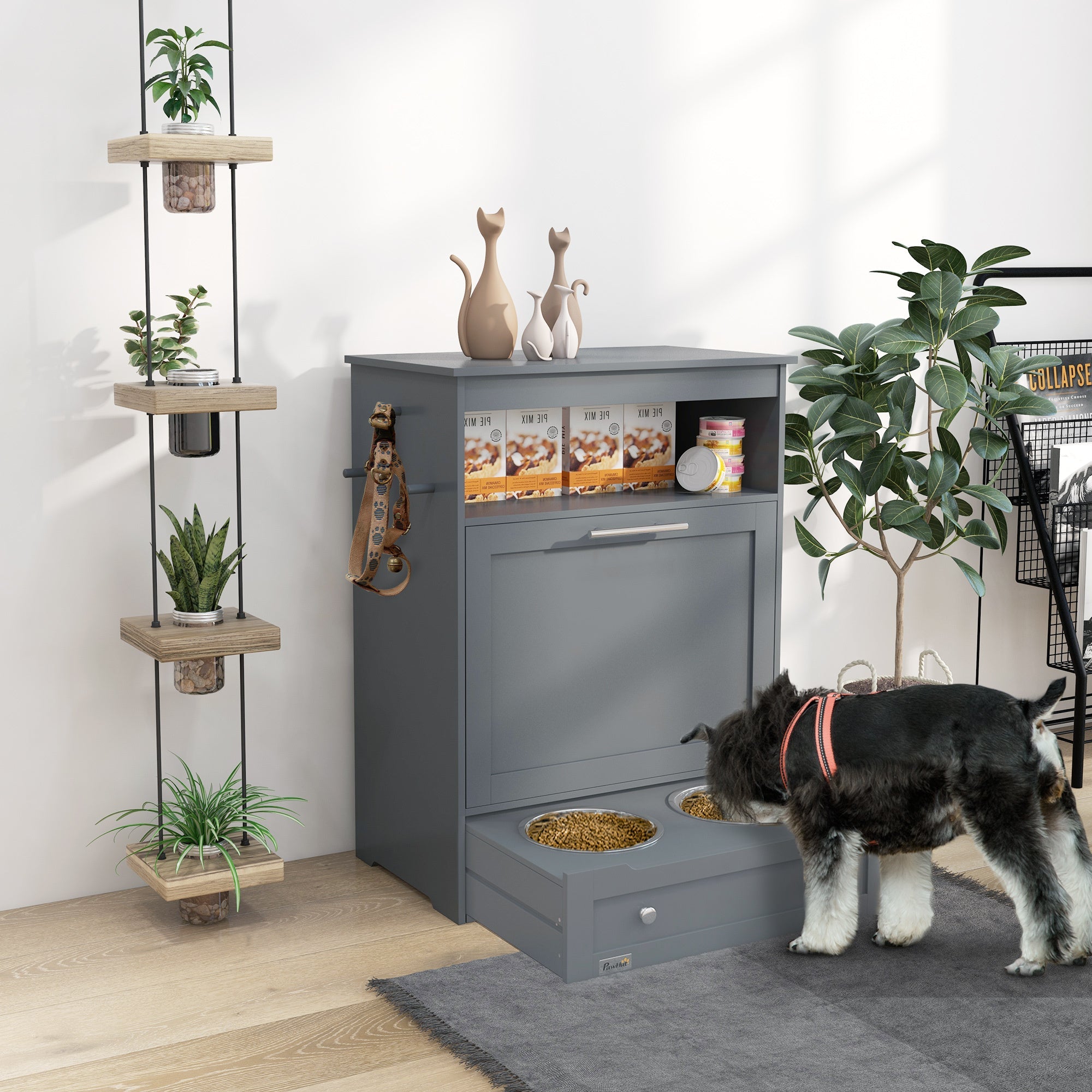 Gray Contemporary Pet Feeder Station with Storage Containers for Cats & Dogs (Must Have) Pets Possessions