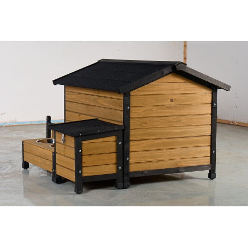 Large Wooden Weatherproof Doghouse with Storage Box and Feeding Station Pets Possessions