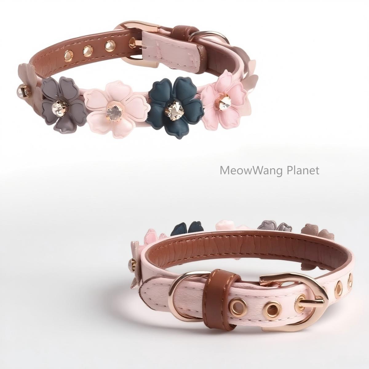 Luxury Floral Leather Collar with Elegant Rhinestone for Cats & Dogs Pets Possessions