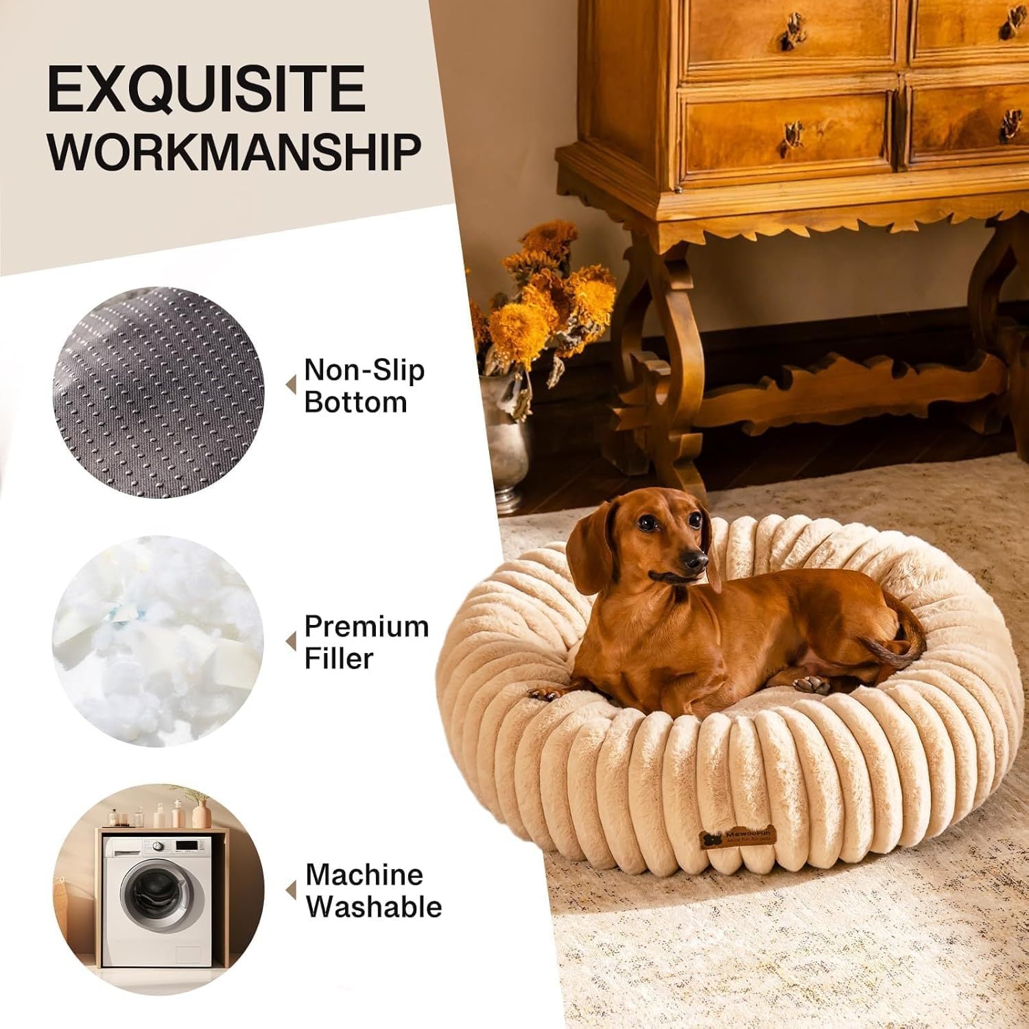 MEWOOFUN Tan Donut Bed for Cats & Small Dogs Pets Possessions