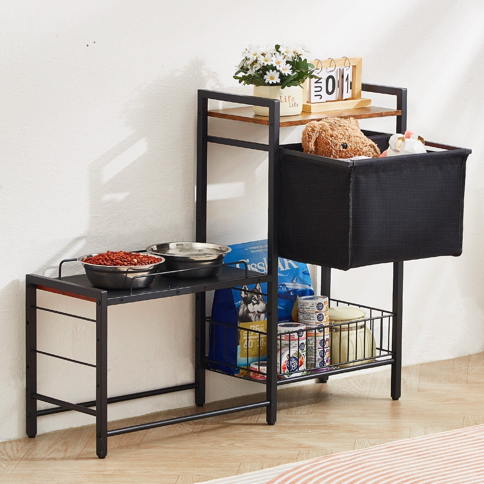 Elevated Feeding Station With Storage Organizer for Dogs Pets Possessions