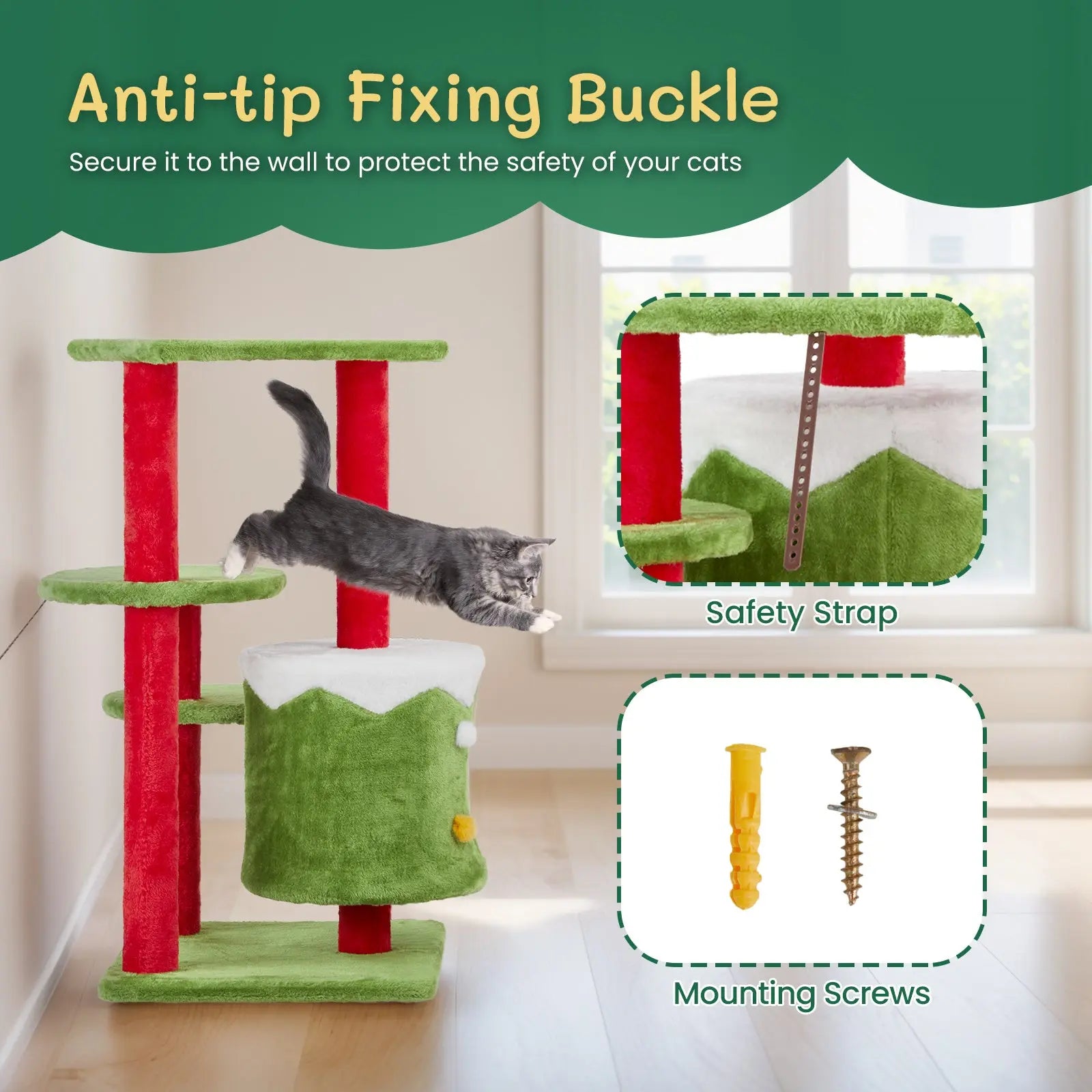 Festive 32” 3-Level Christmas Themed Cat Tower with Climbing Frame Pets Possessions