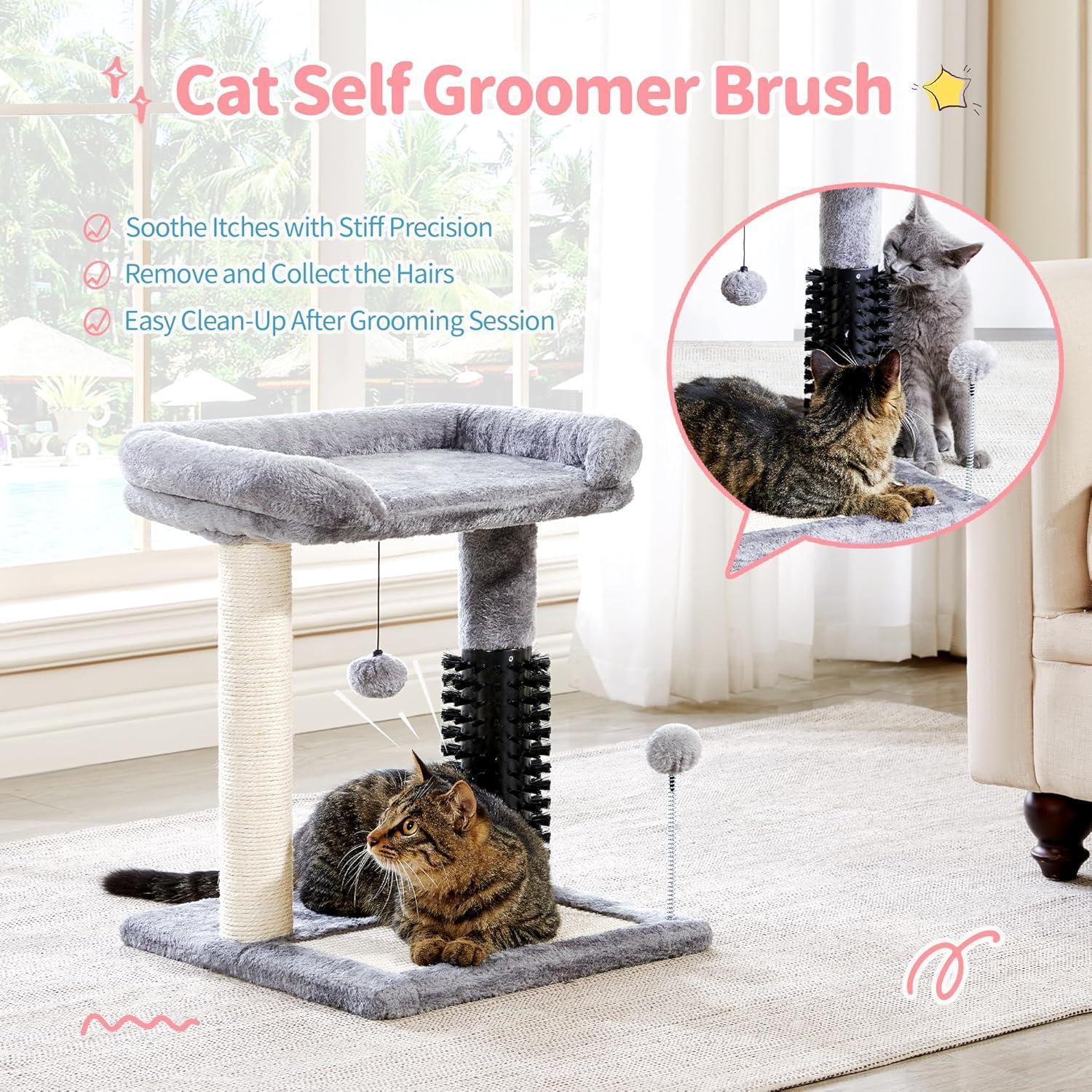 Small 4-in-1 Cat Tree with Self-grooming Brush and Natural Sisal Scratching Post Pets Possessions