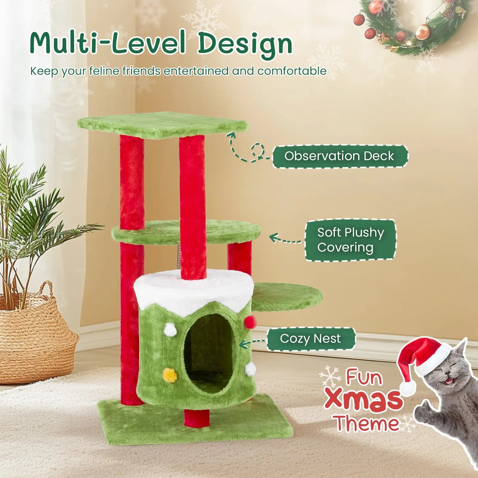 Festive 32” 3-Level Christmas Themed Cat Tower with Climbing Frame Pets Possessions