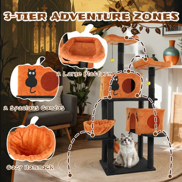 Halloween Themed Multi-Level Cat Tower with Spider Toy Pets Possessions
