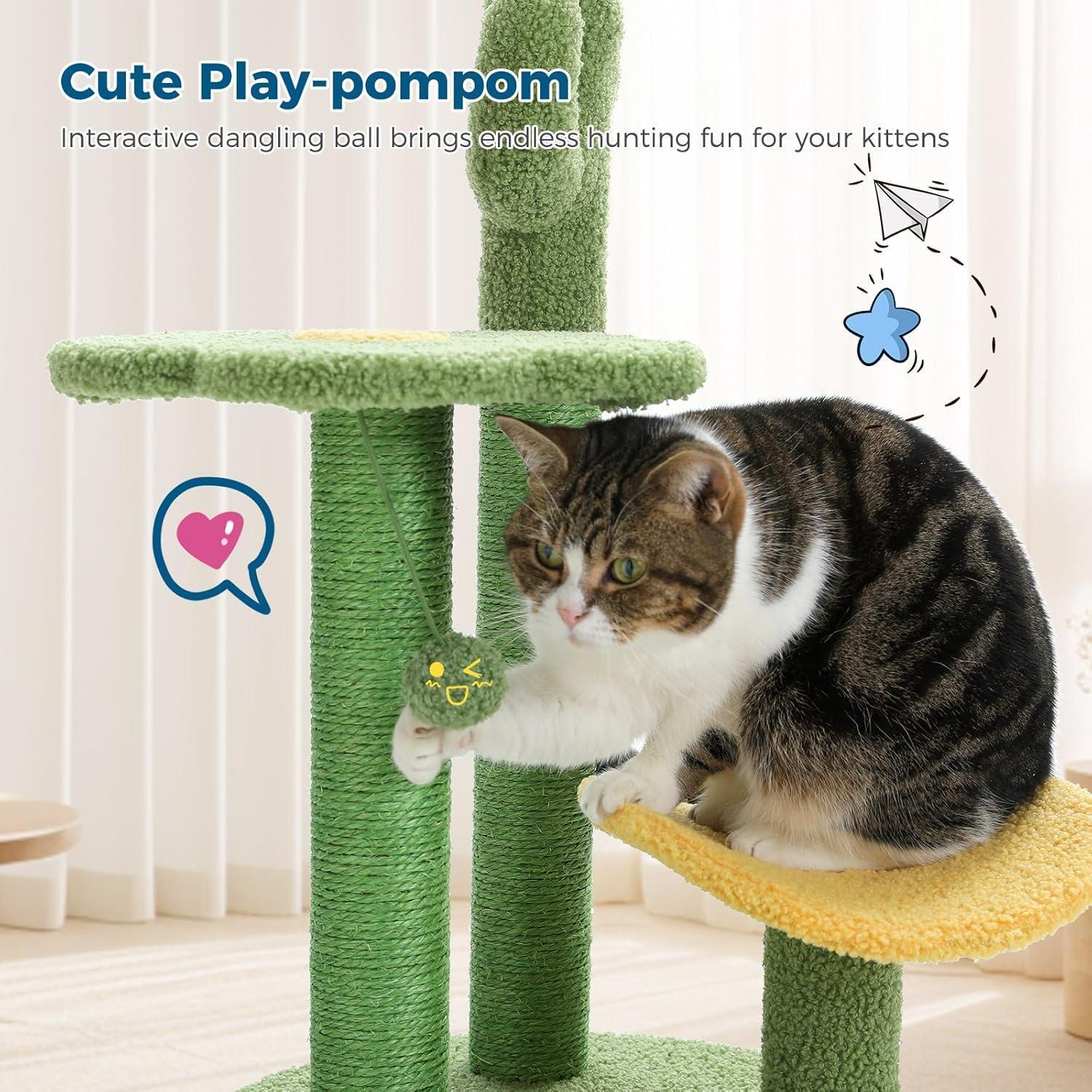 26” Cactus Cat Tree With Bird's Eye View, Flower Perch and Soft Cactus Top Pets Possessions