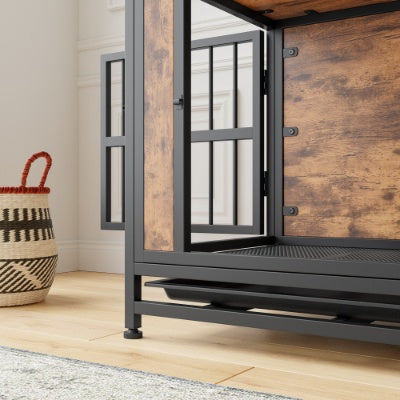 Contemporary Polished Wooden Kennel with Iron Bars for Dogs Pets Possessions
