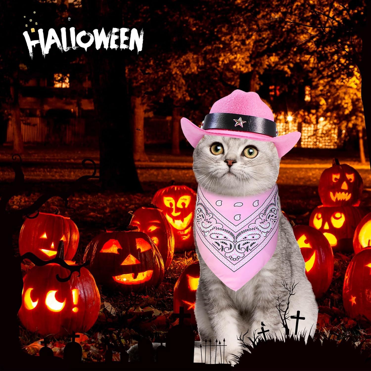 Pink Cowboy Hat and Bandana Set Suitable for Halloween Costumes Universal for Cats & Dogs Pets Possessions