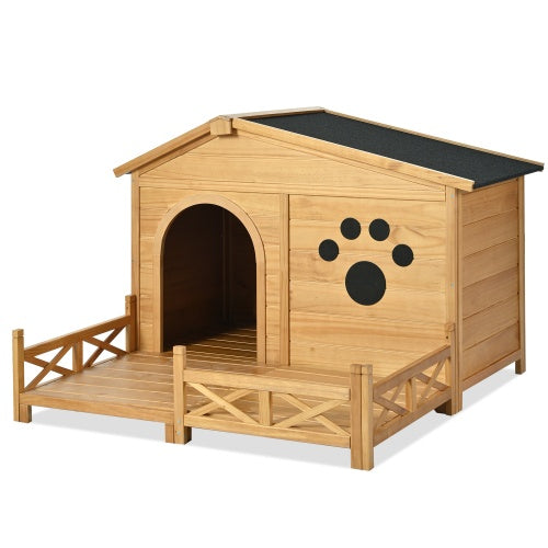 48" Wooden Outdoor Doghouse with Porch Fencing Pets Possessions