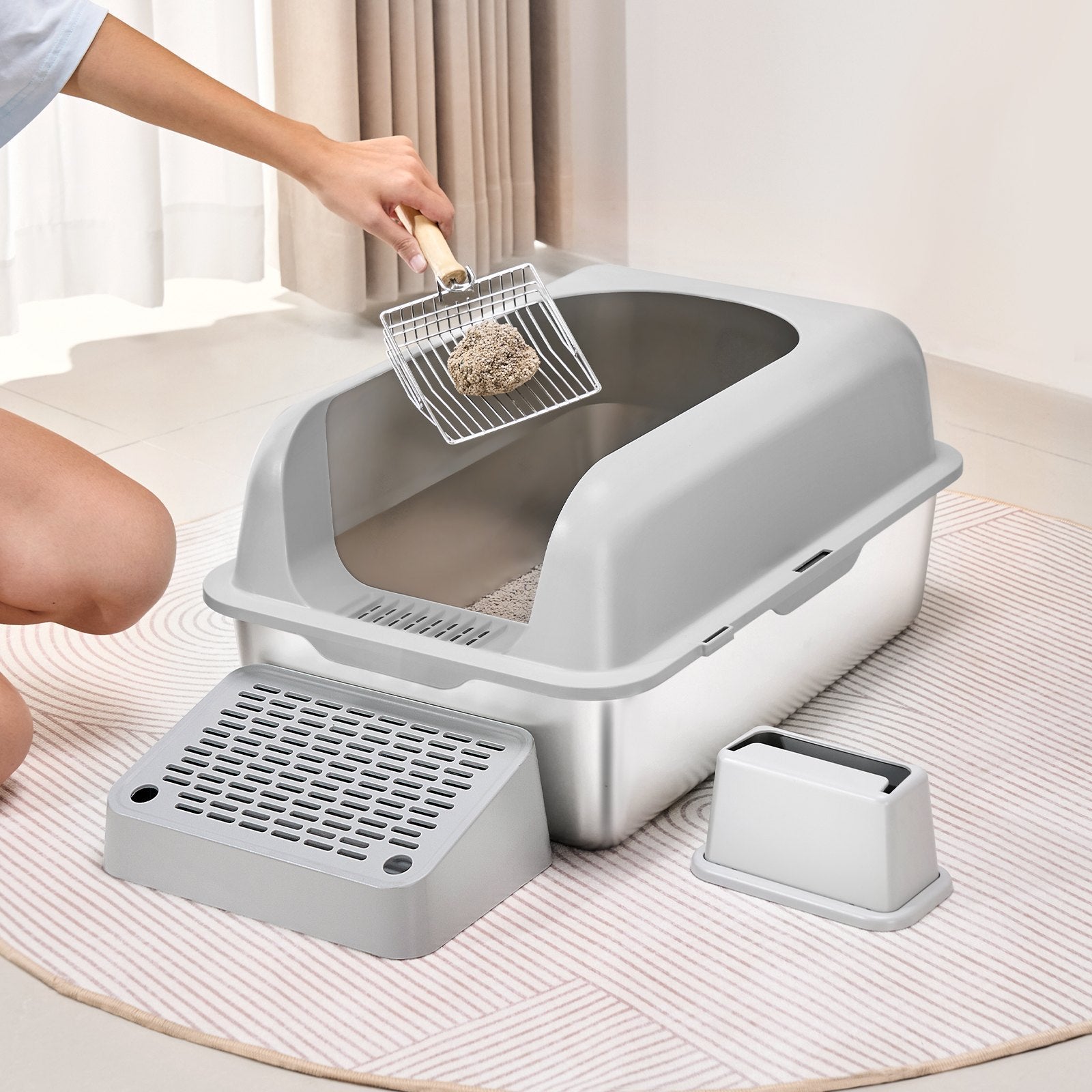 VEVOR 6 In Deep Cat Litter Box Odor-Free Litter Box With Filtering Foot Board Pets Possessions