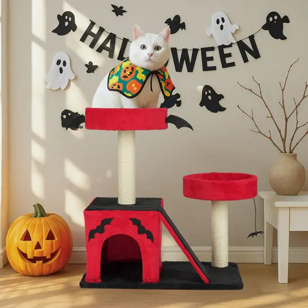 Spooktacular Halloween Themed Cat Tree with Spacious Condo 2 Perches and Spider Toy Pets Possessions