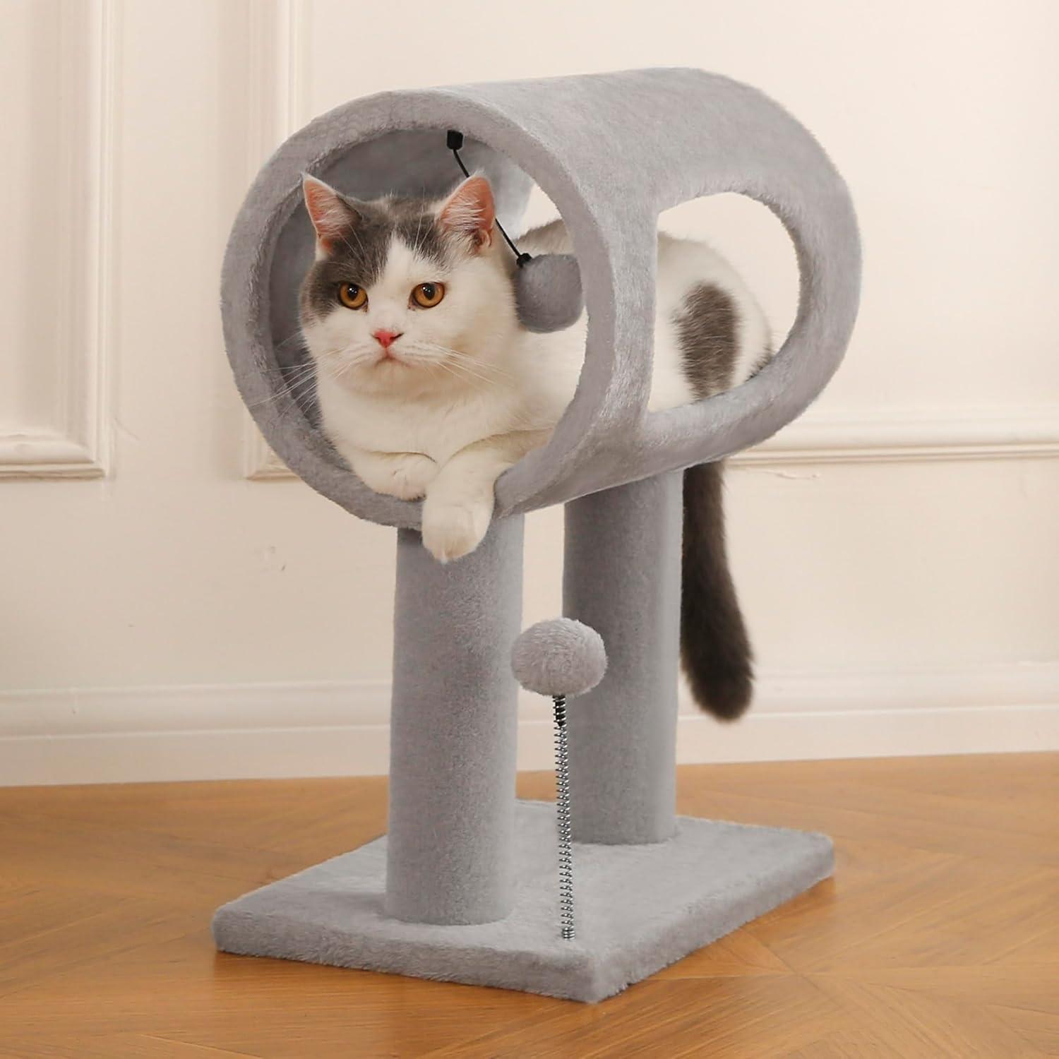 Popular Gray Cat Tree Tunnel Bed with Interactive Spring Toy Pets Possessions