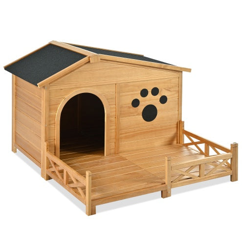 48" Wooden Outdoor Doghouse with Porch Fencing Pets Possessions