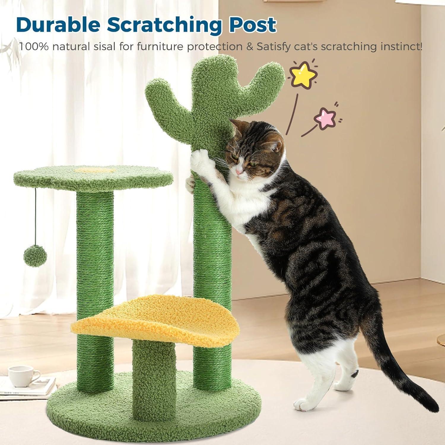 26” Cactus Cat Tree With Bird's Eye View, Flower Perch and Soft Cactus Top Pets Possessions
