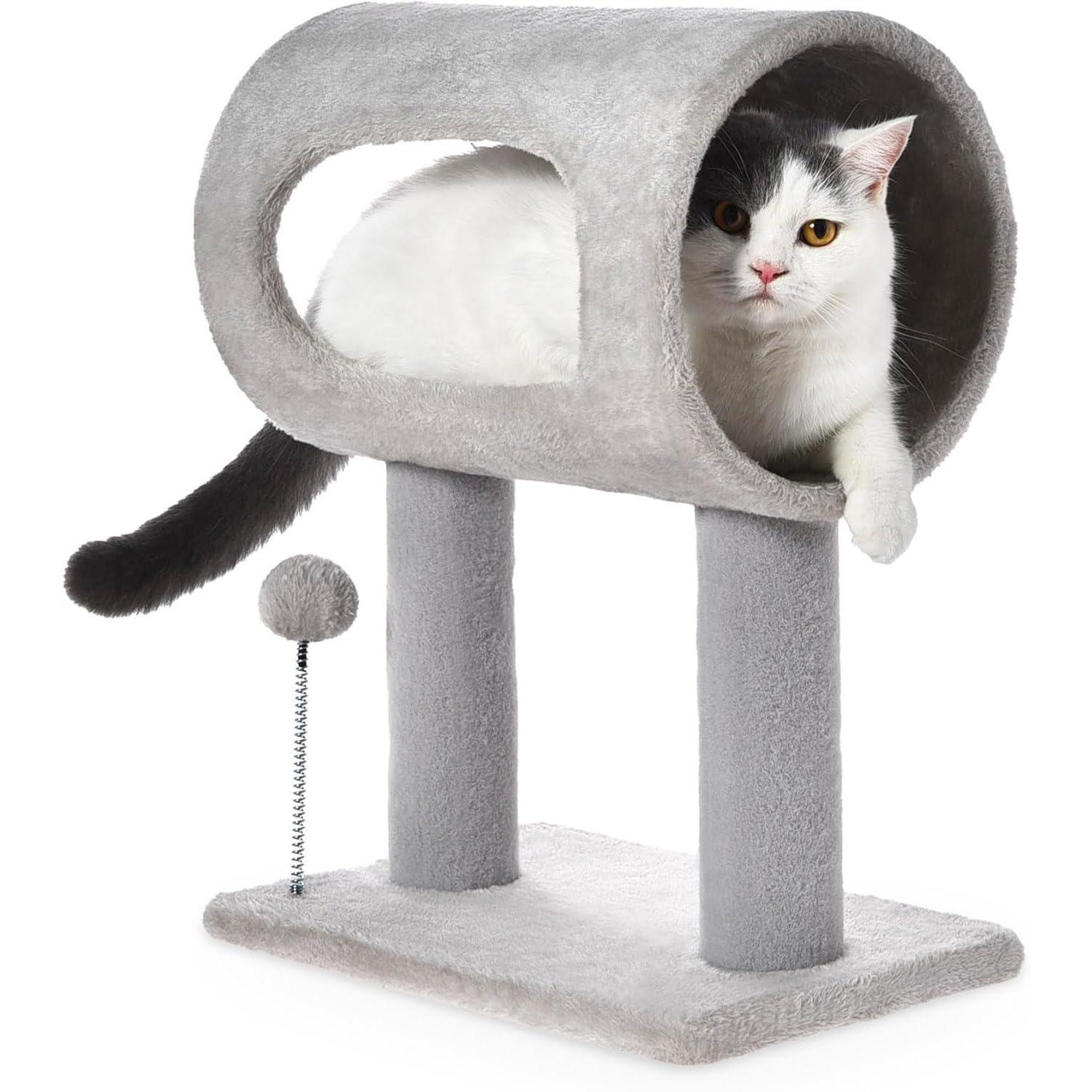 Popular Gray Cat Tree Tunnel Bed with Interactive Spring Toy Pets Possessions