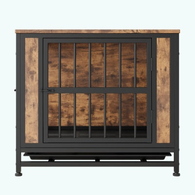 Contemporary Polished Wooden Kennel with Iron Bars for Dogs Pets Possessions