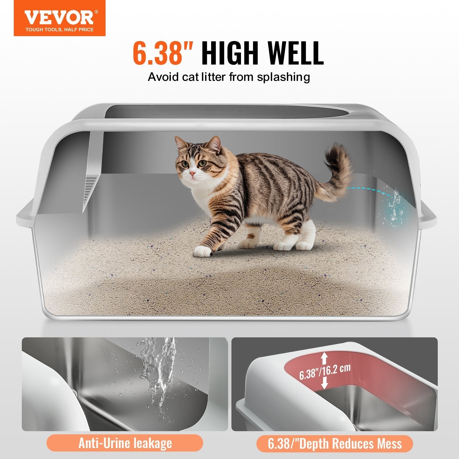 VEVOR 6 In Deep Cat Litter Box Odor-Free Litter Box With Filtering Foot Board Pets Possessions