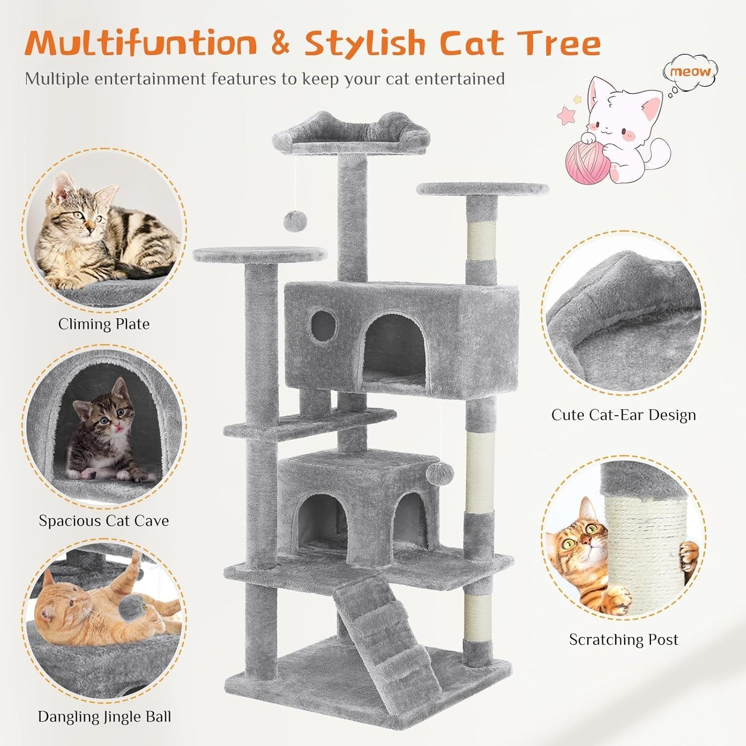 54” Multi-level Cat Tower with Sisal Grab Post Pets Possessions