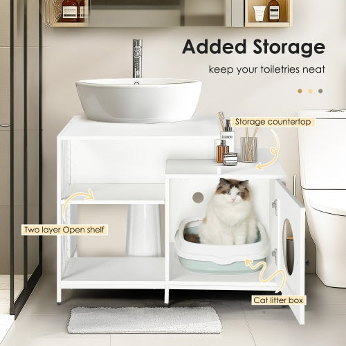 2-in-1 Vanity with Cat Litter Box Enclosure and Storage Shelves for Bathroom Pets Possessions