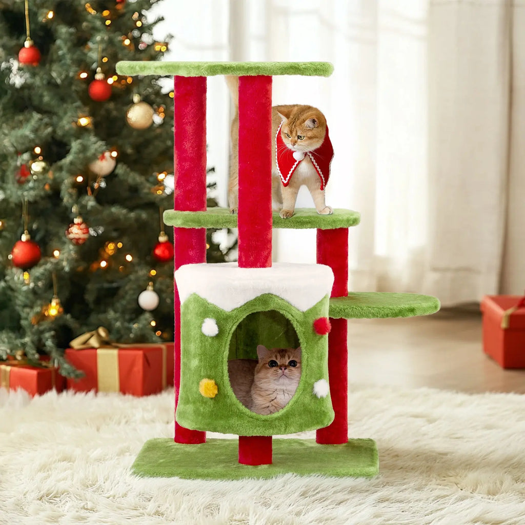 Festive 32” 3-Level Christmas Themed Cat Tower with Climbing Frame Pets Possessions