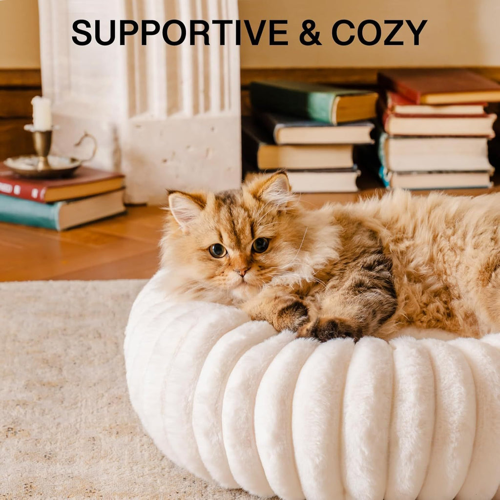 MEWOOFUN Cream Fluffy Round Donut Bed with Non-Slip Bottom for Cats & Dogs Pets Possessions