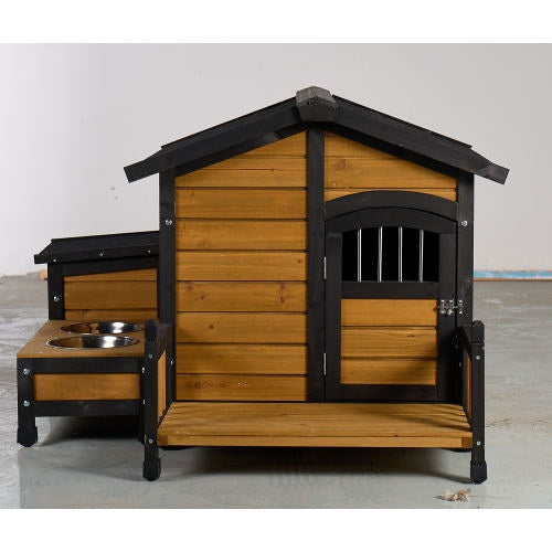 Large Wooden Weatherproof Doghouse with Storage Box and Feeding Station Pets Possessions
